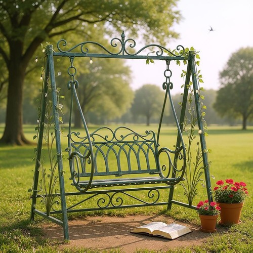 Green metal swing chair - chair, garden
